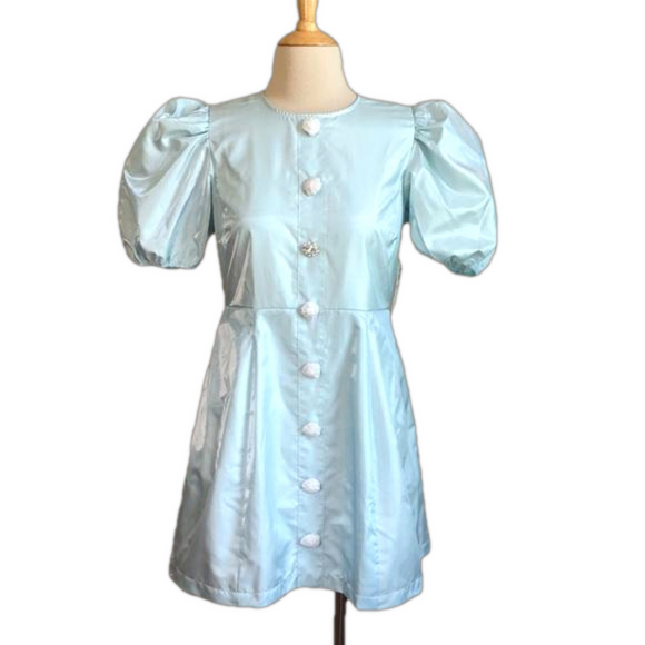 DANIELLE BERNSTEIN Size 6 Delicate Blue Rhinestone Puff Sleeve Satin Mini Dress - Picture 3 of 16